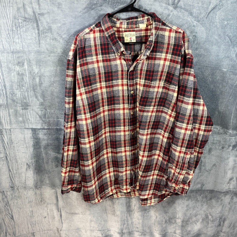 Red Head Flannel Shirt Men 4XL Red Plaid Button Up Long Sleeve Pockets Hike Fish